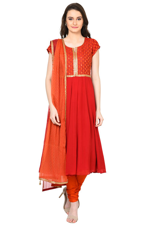 Red Anarkali Viscose Suit Set image number 0