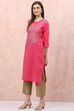 Pink Cotton Straight Kurta image number 2