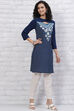 Indigo LIVA Straight Cut Out Kurta image number 3