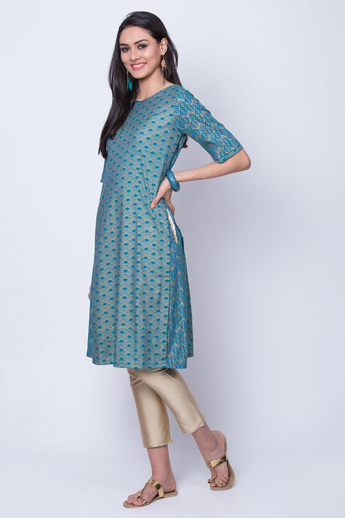 Turquoise Poly Cotton A Line Kurta image number 3