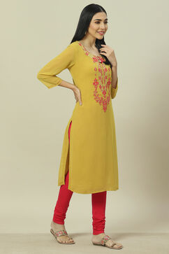 Lime Green Cotton Blend Straight Kurta image number 5