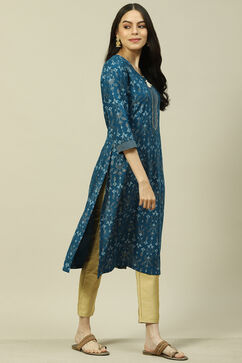 Teal Blue LIVA Straight Kurta image number 3