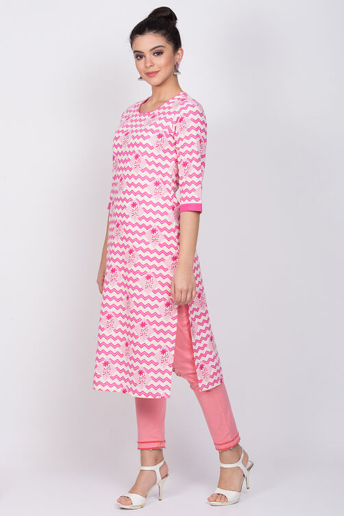 Pink Cotton Straight Kurta image number 2