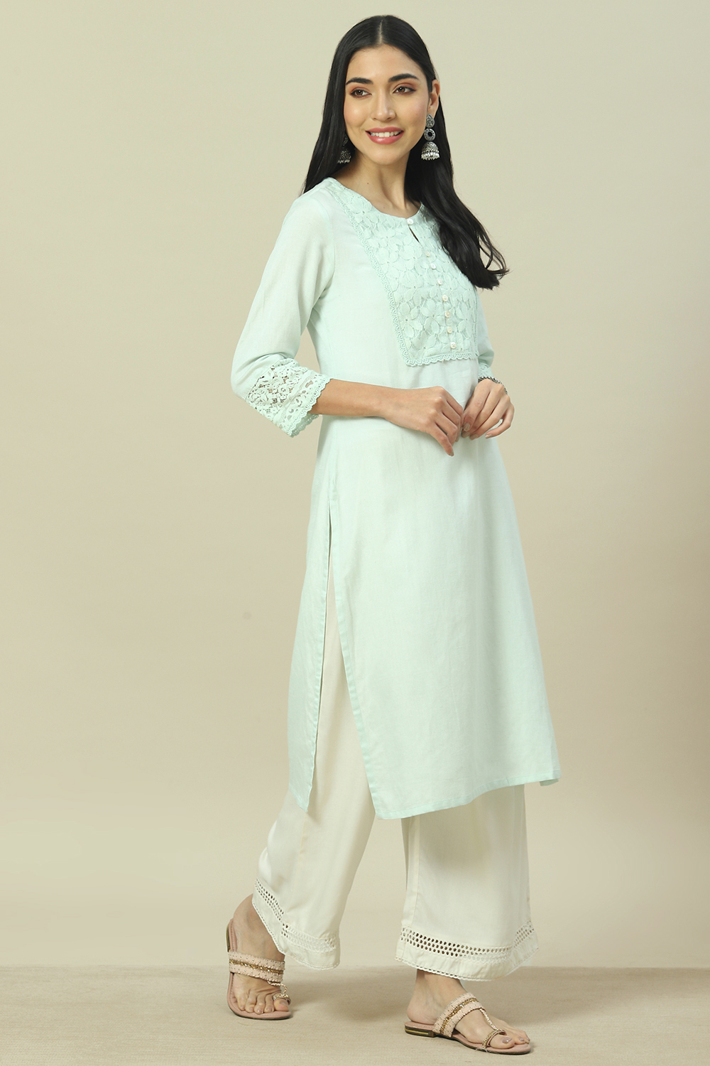 Mint Green LIVA Straight Kurta image number 3