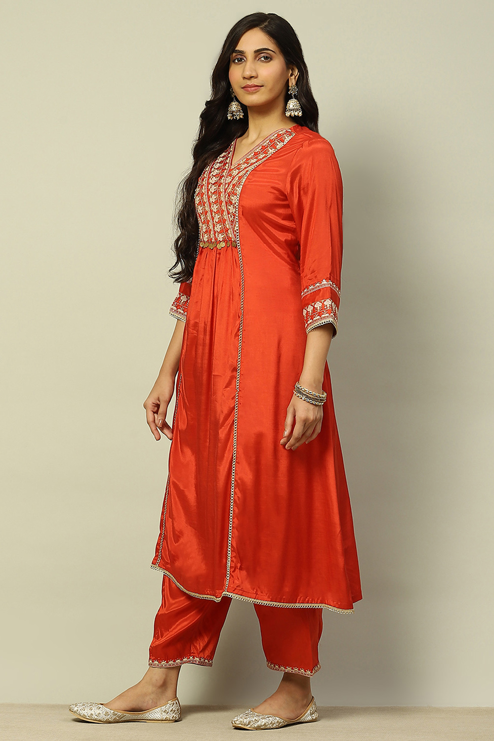 Rust Viscose Shantoon Embroidered A-line Kurta image number 2