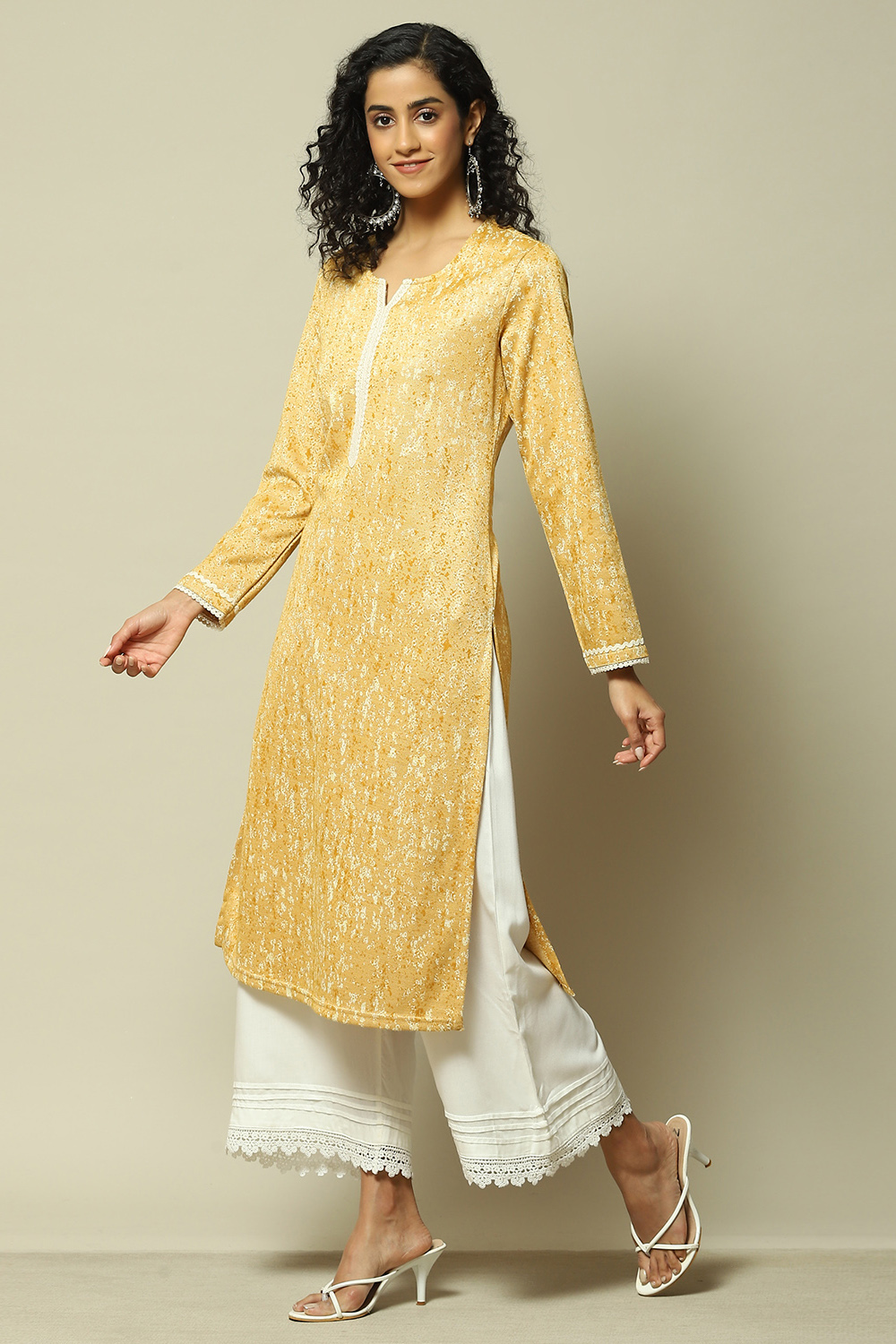 Yellow Acrylic Straight Printed Kurta image number 2