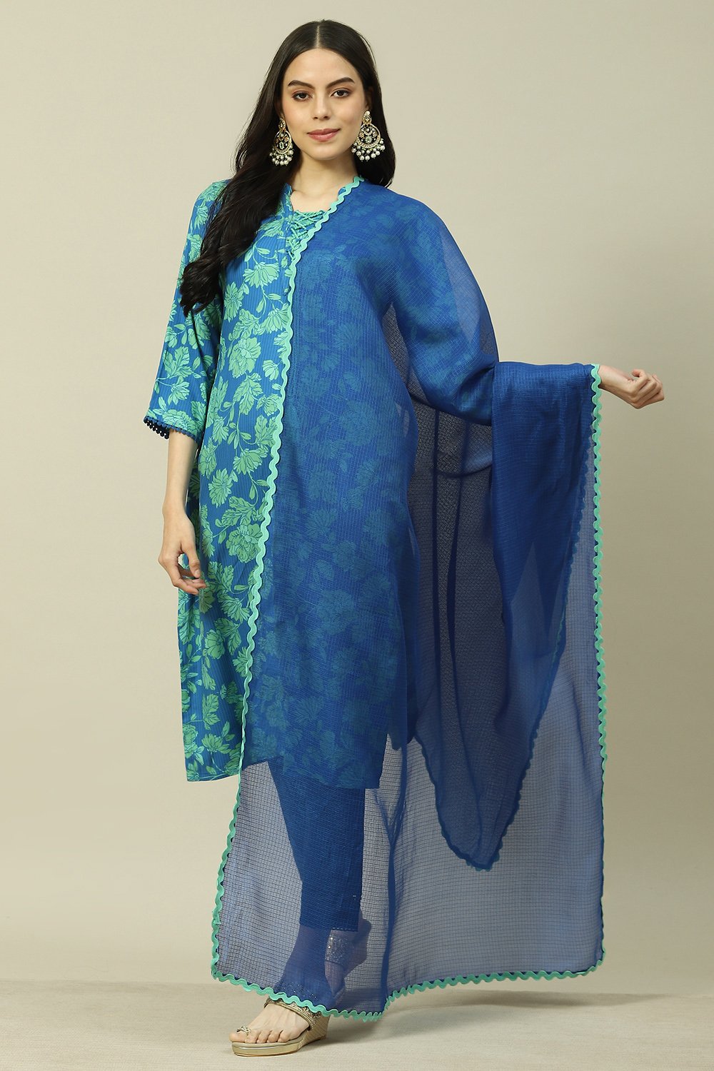 Indigo Cotton Blend Woven Dupatta image number 0