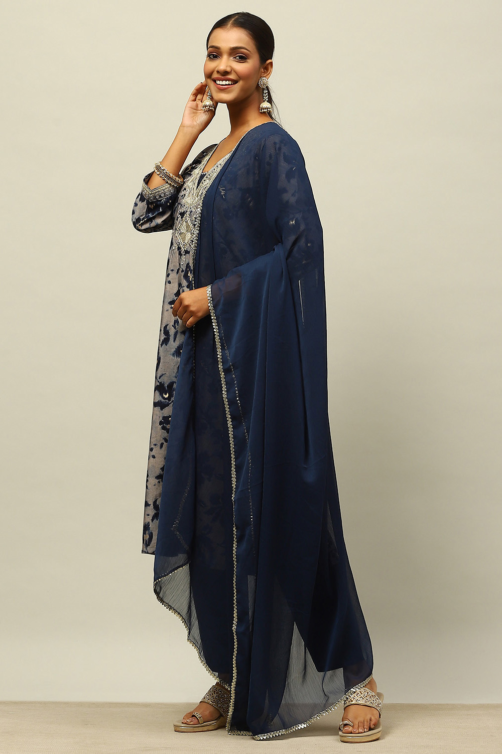 Blue Viscose Blend Straight Printed Kurta Palazzo Suit Set image number 3