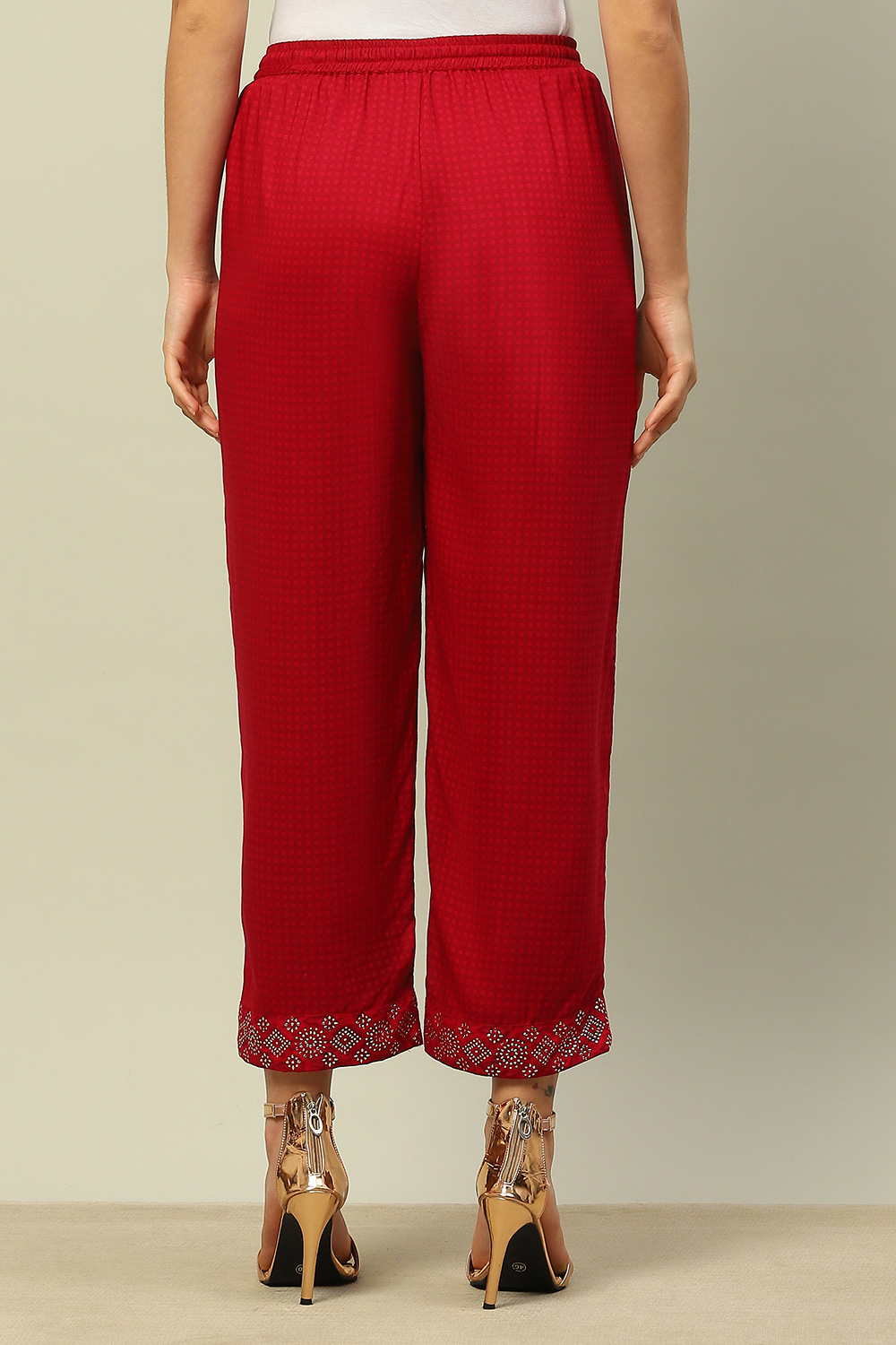 Red Rayon Slub Straight Palazzos image number 5