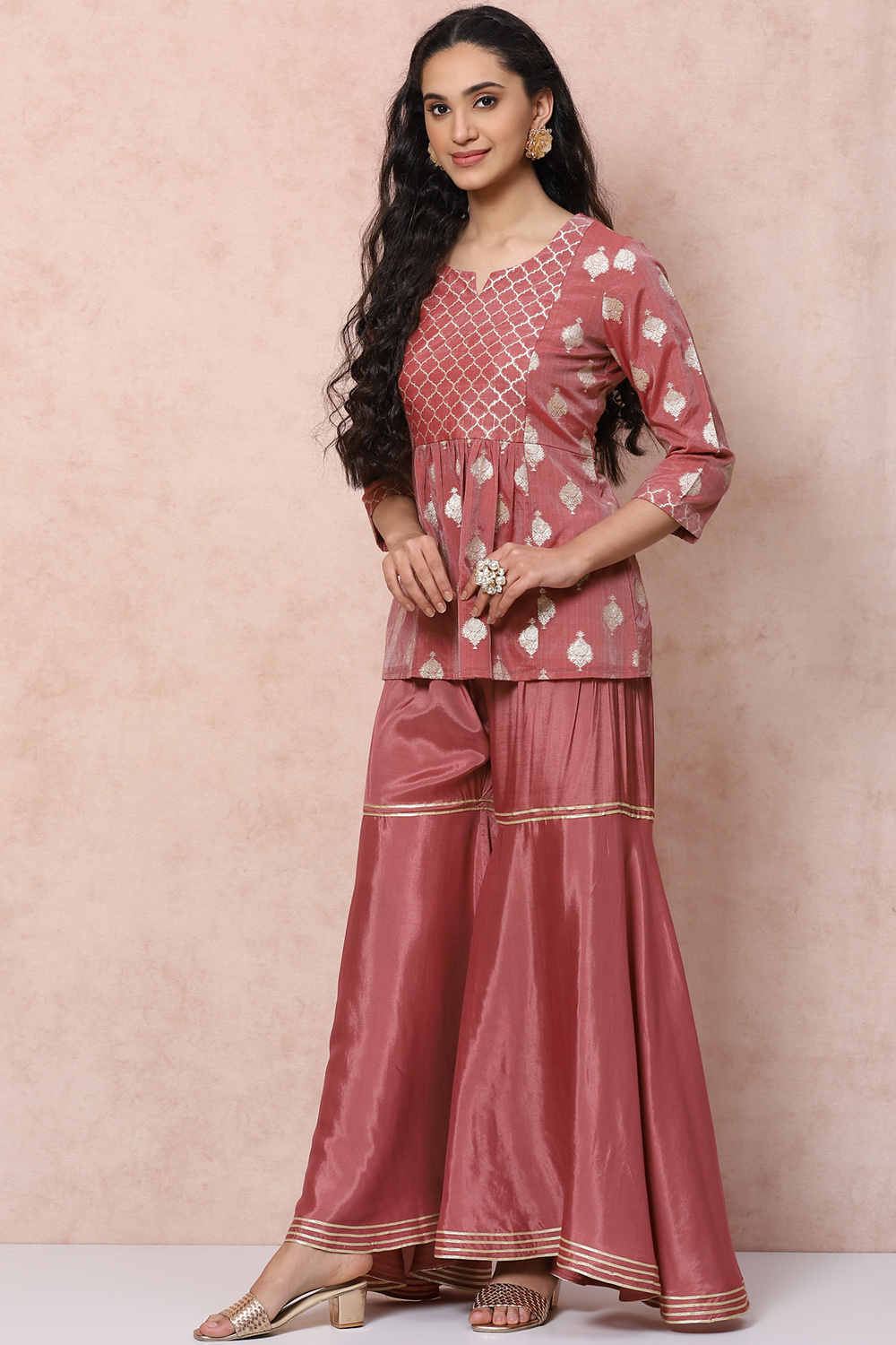 Peach Art Silk Sharara Set image number 3