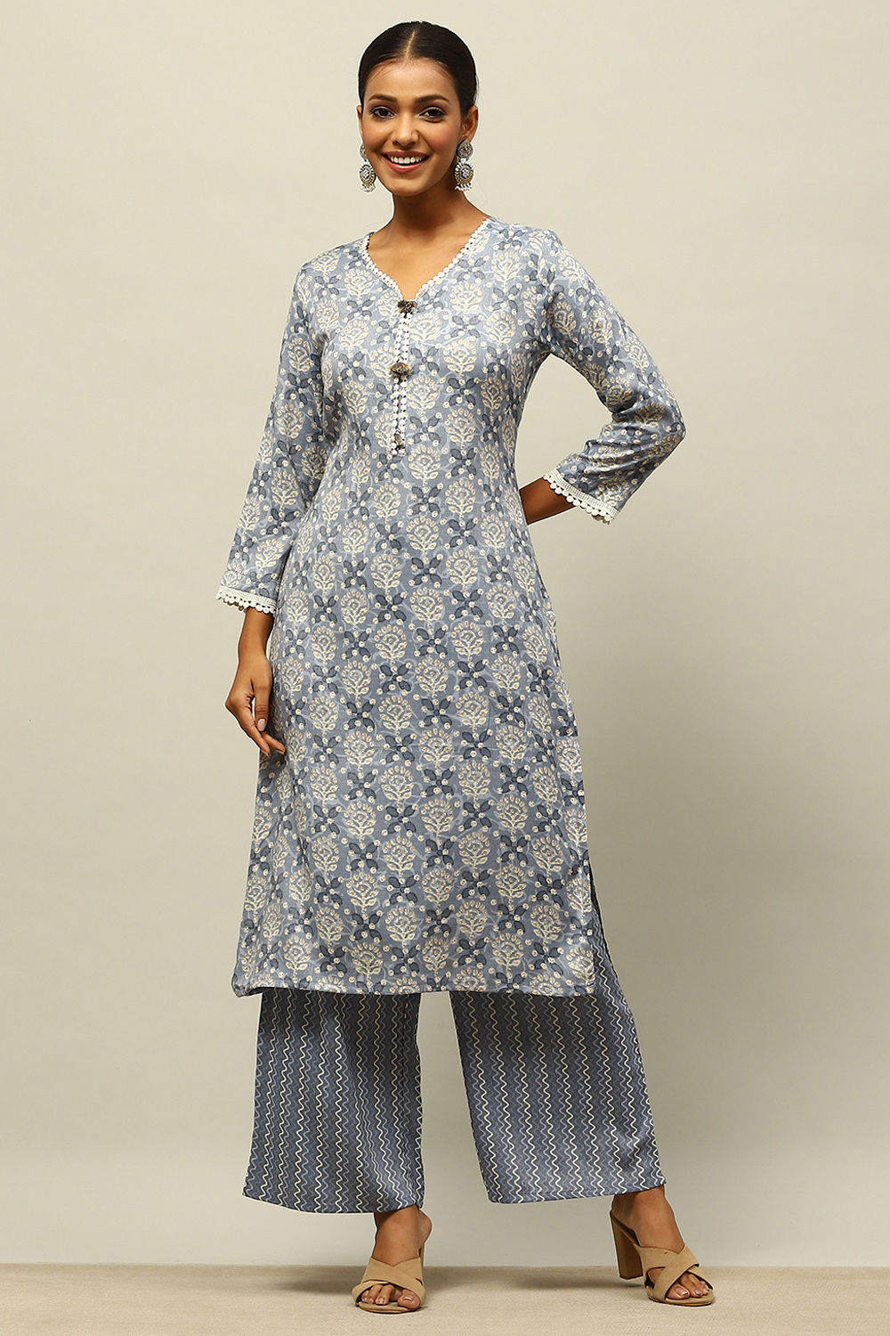 Grey Viscose Blend Straight Printed Kurta Palazzo Suit Set image number 6