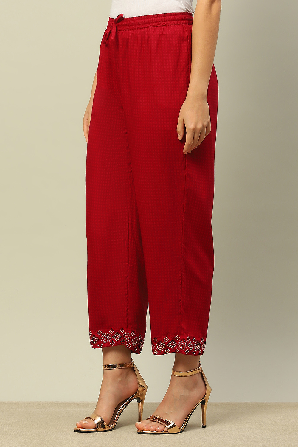 Red Rayon Slub Straight Palazzos image number 2