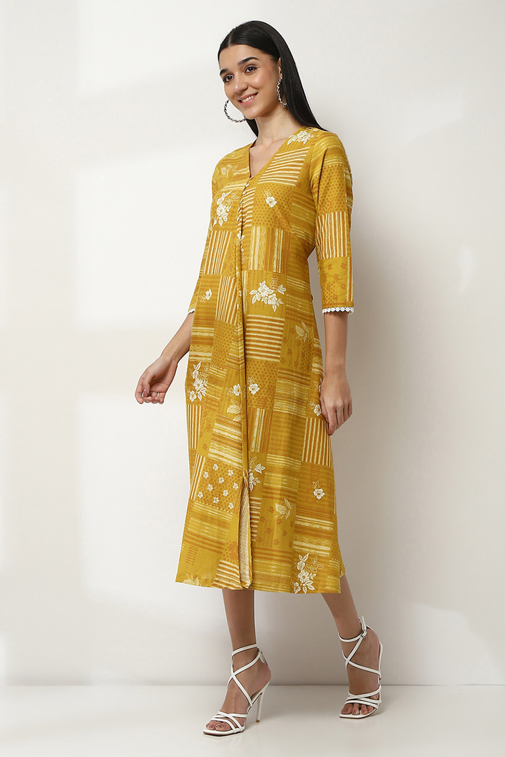 Yellow Cotton Flared Dress image number 2