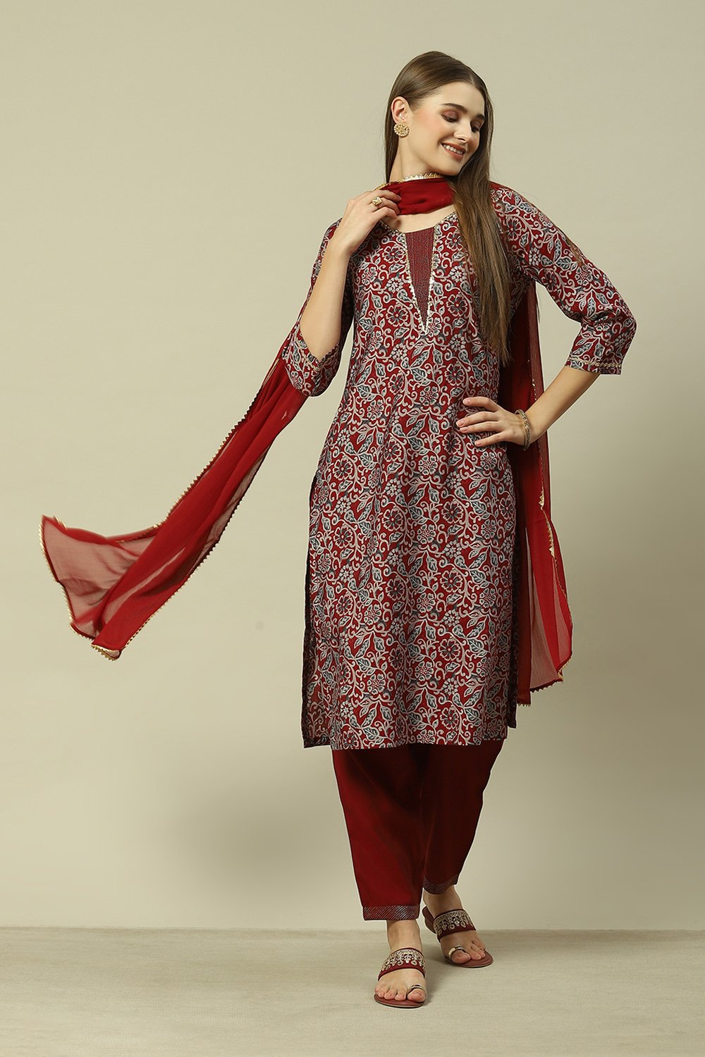 Navy Blue LIVA Straight Printed Kurta Palazzo Suit Set image number 4