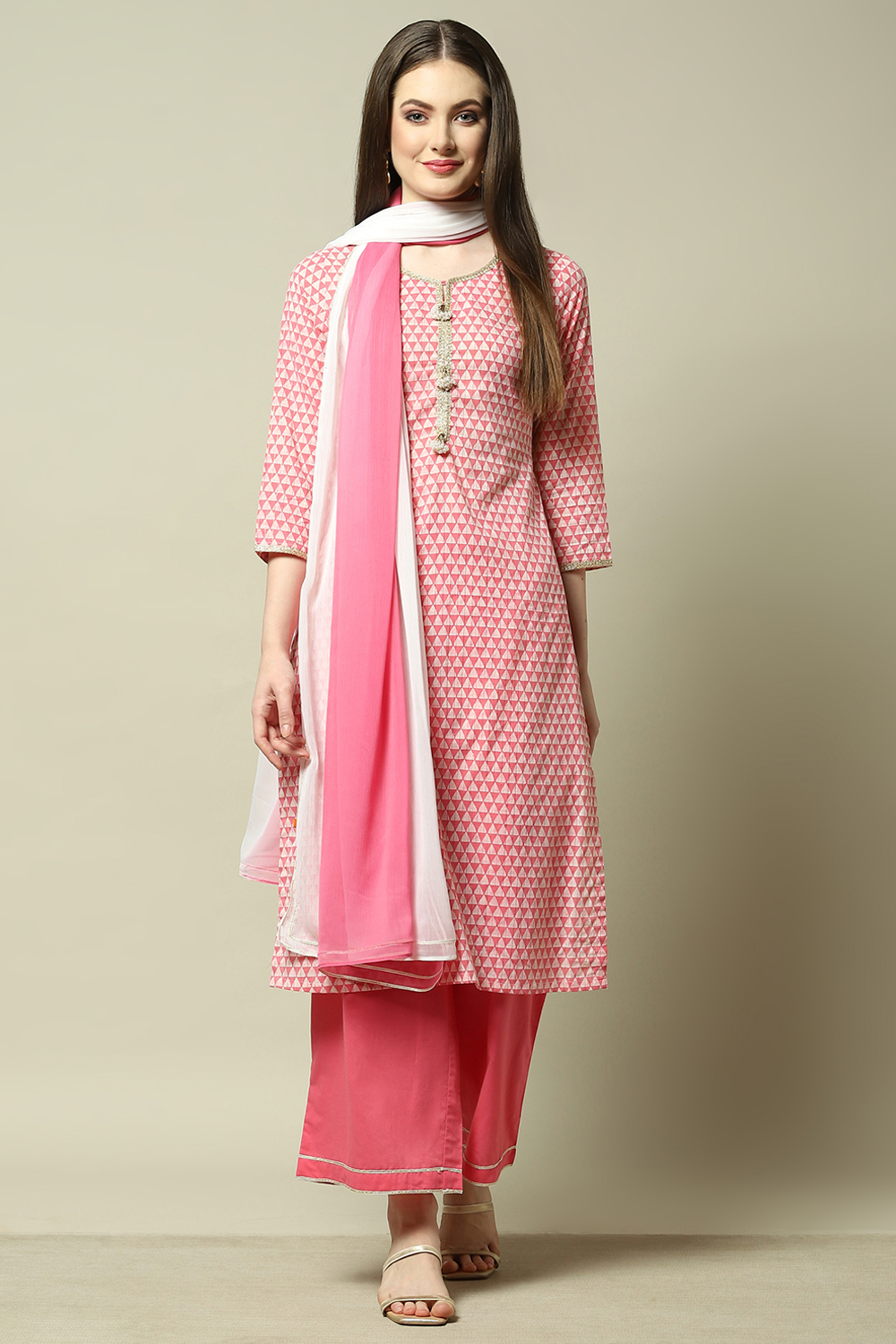 Pink Cotton Blend Printed Kurta & Palazzo Suit Set image number 7