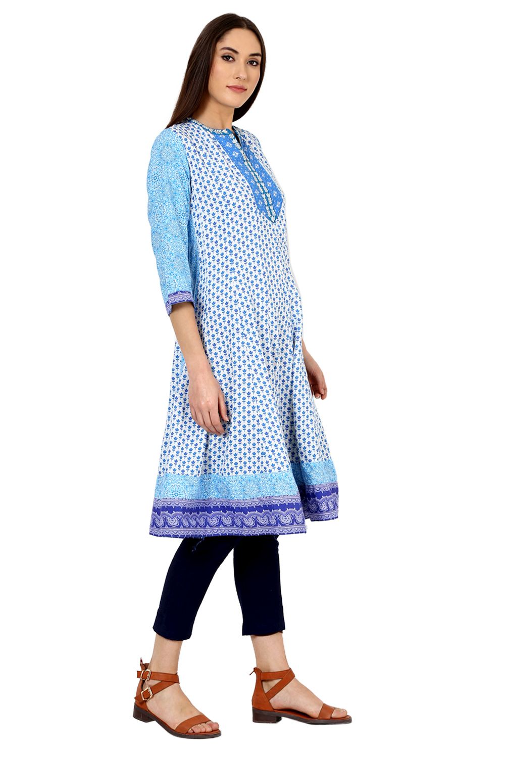 Blue Kalidar Cotton Kurta image number 3