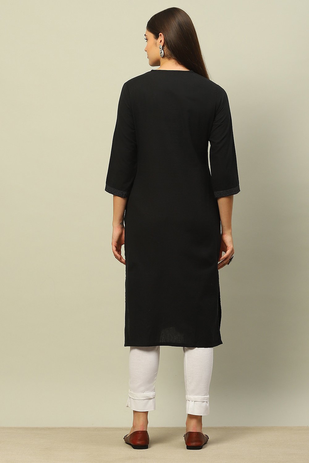 Black Cotton Jacquard Yarndyed Straight Kurta image number 3