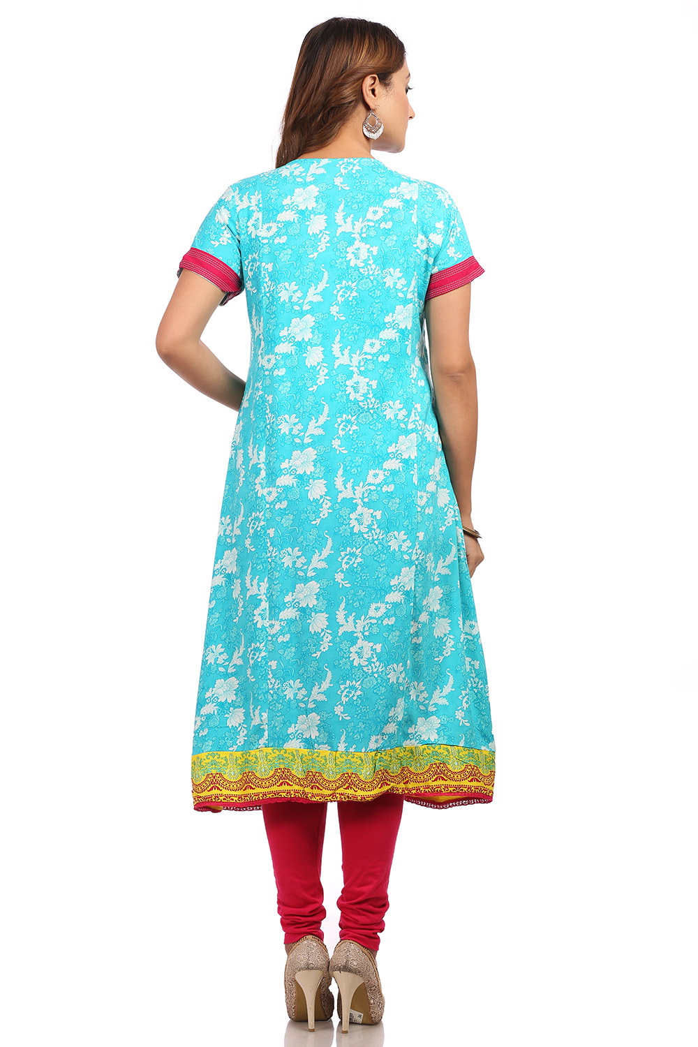 Turquoise Flared Cotton Kurta image number 1