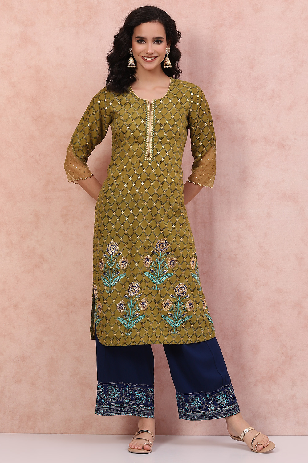 Lime Green Art Silk A-Line Kurta image number 0