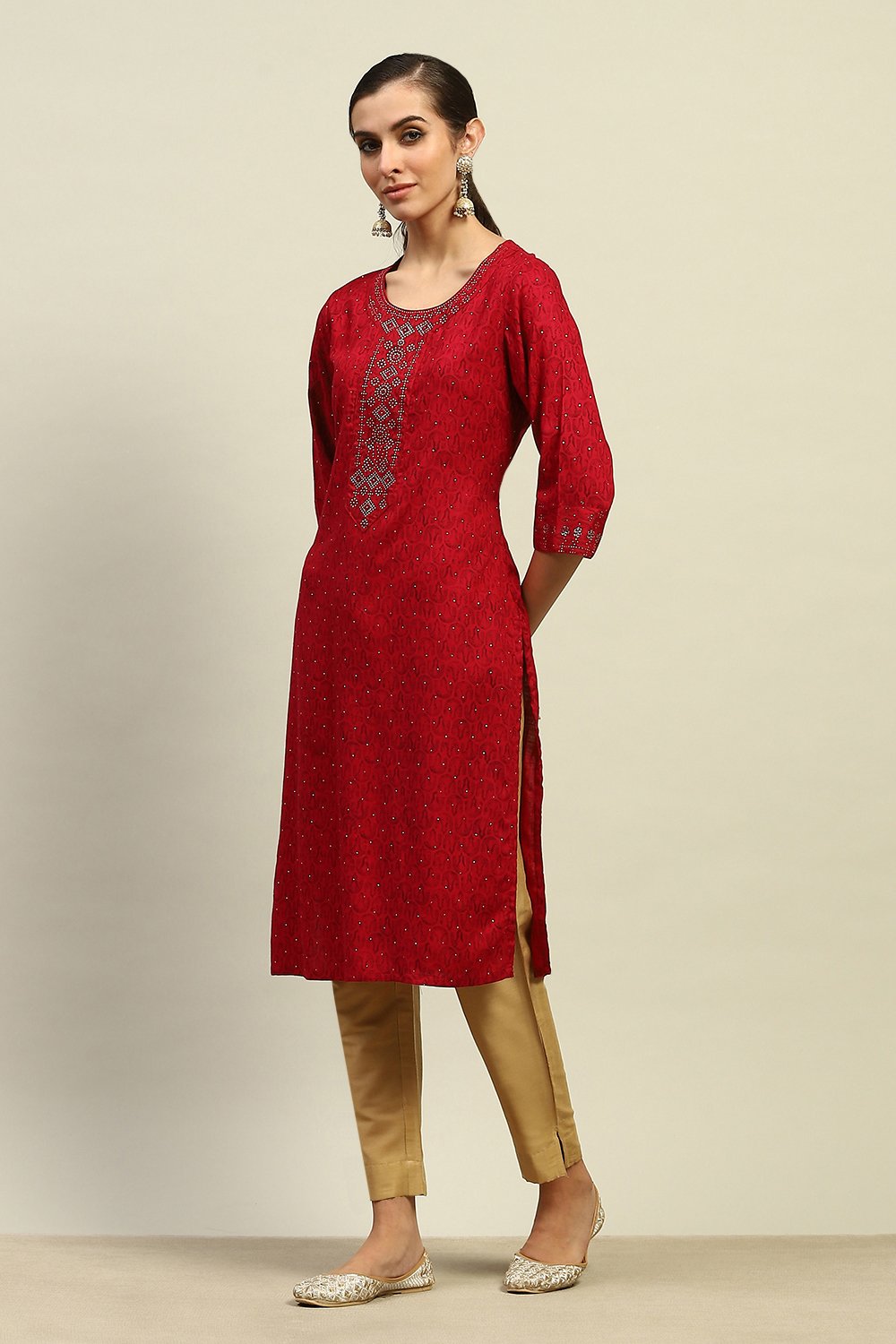 Red Rayon Slub Printed Straight Kurta image number 2