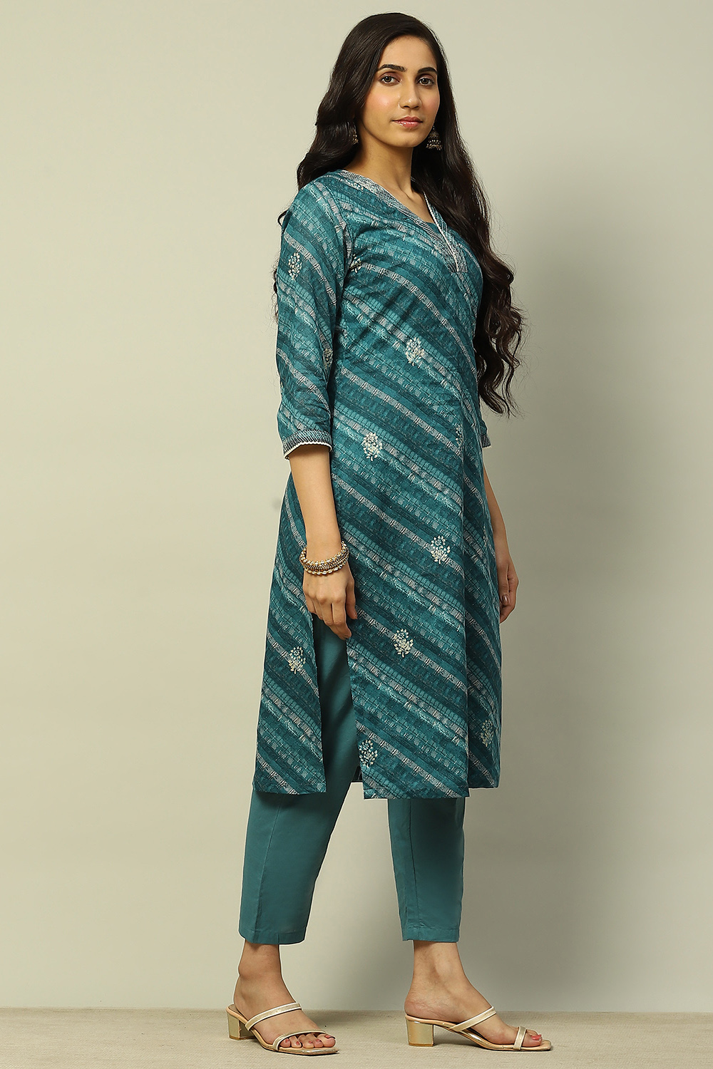 Teal Blue Cotton Straight Printed Kurta Pants Set image number 5