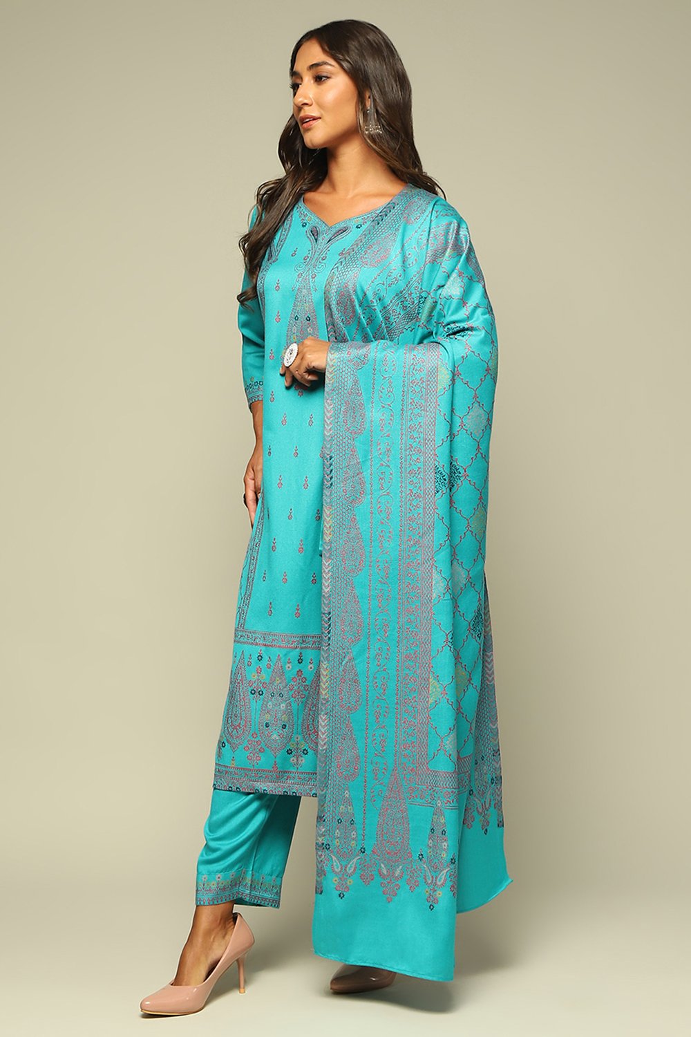 Aqua Blue Poly Acrylic Straight Yarn Dyed Kurta Palazzo Suit Set image number 3