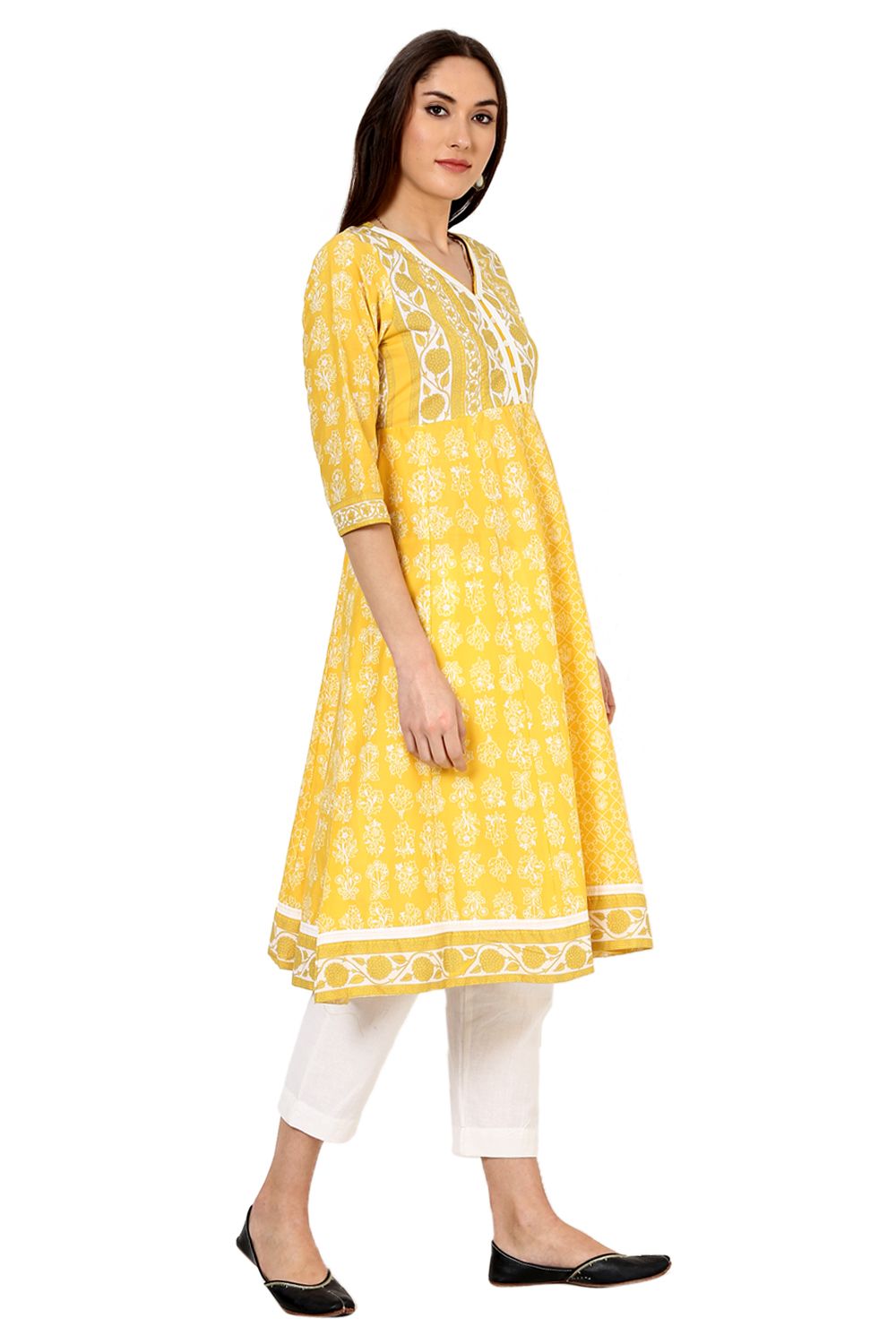 Yellow Kalidar Cotton Kurta image number 3