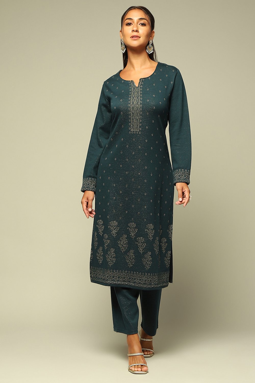 Teal Blue Circular Jacquard Straight Yarn Dyed Kurta Palazzo Suit Set image number 6