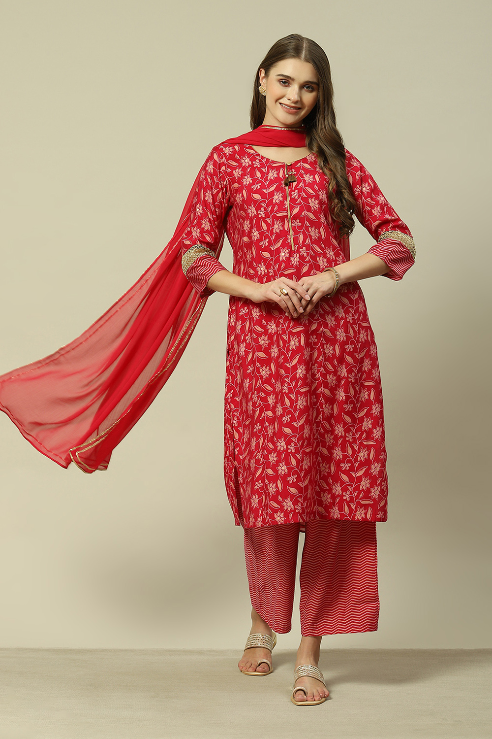 Mauve LIVA Straight Printed Kurta Palazzo Suit Set image number 0