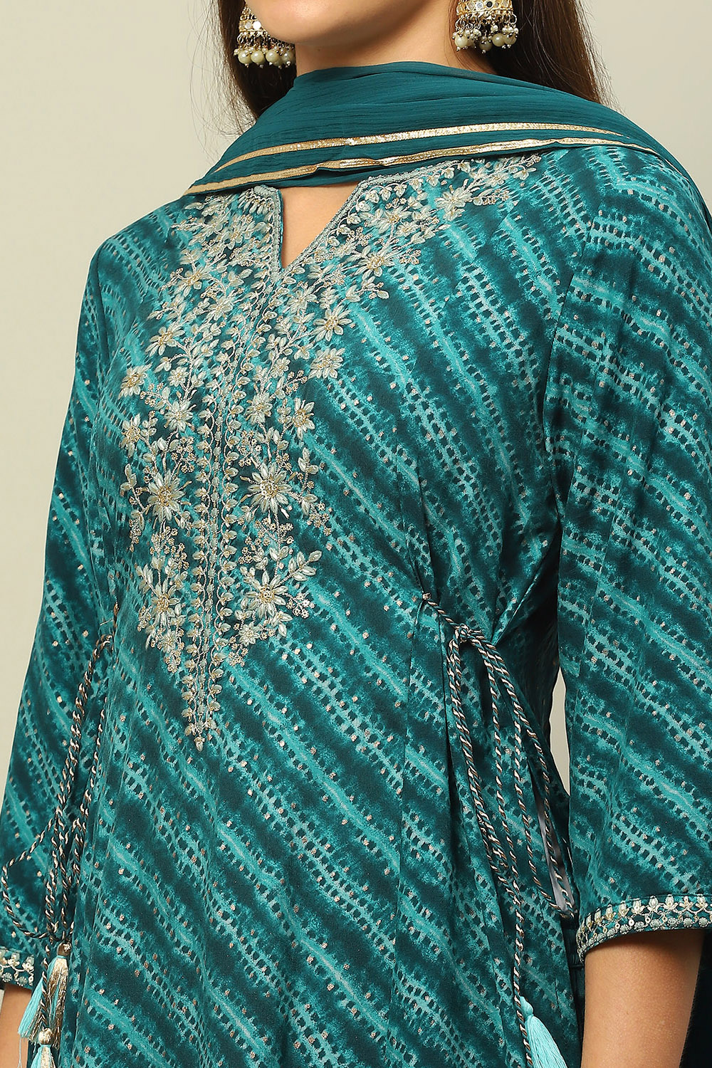 Teal Blue Viscose Muslin A-Line Printed Kurta Salwar Pants Suit Set image number 1