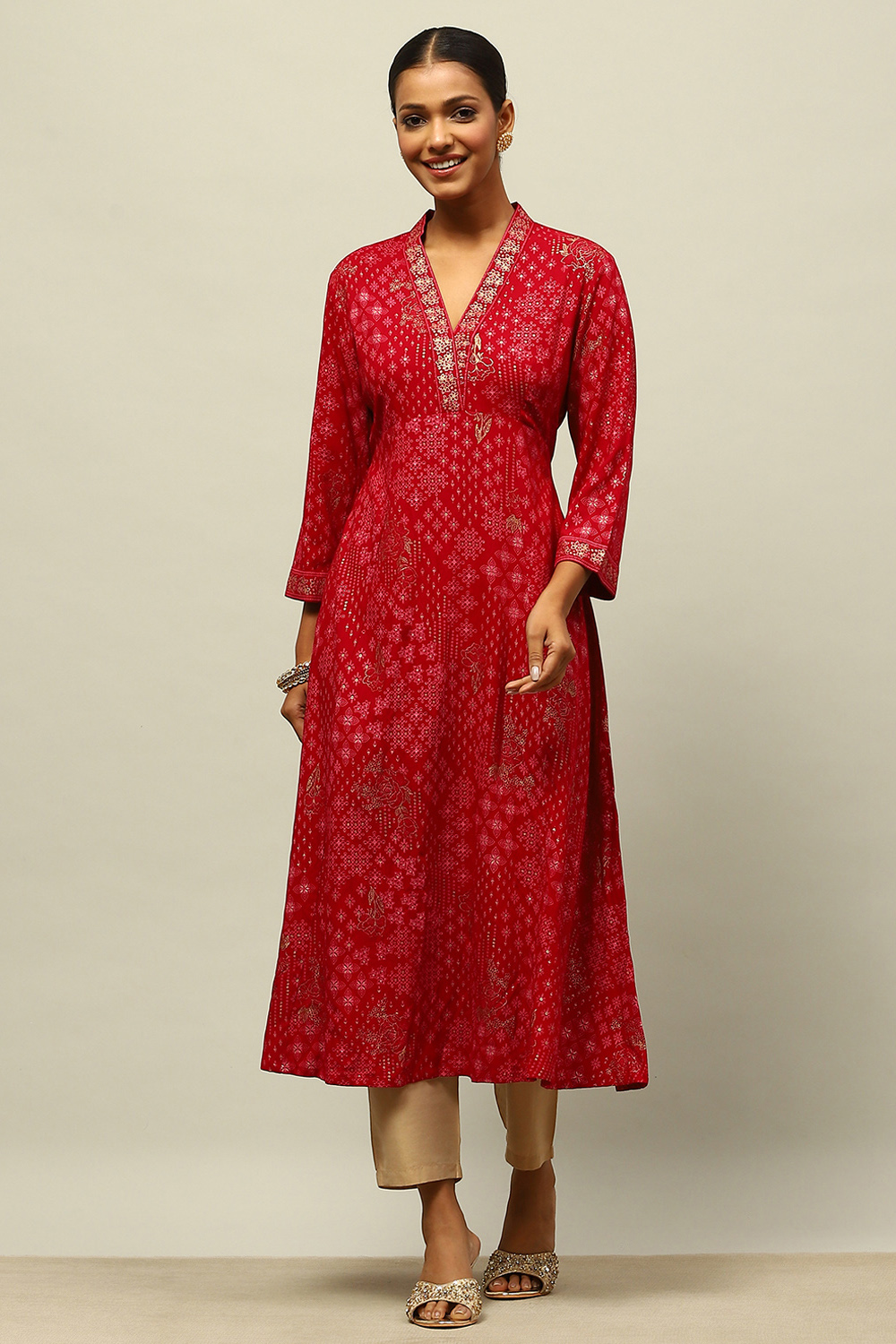 Red Rayon Printed A-line Kurta image number 0