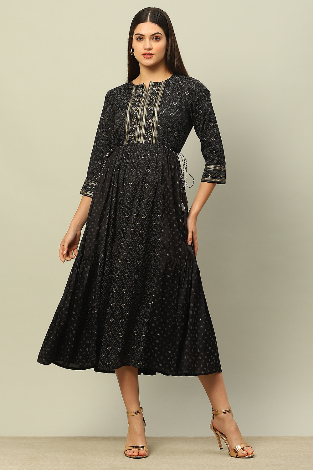 Black Viscose Shantoon Printed Tiered Dress image number 0