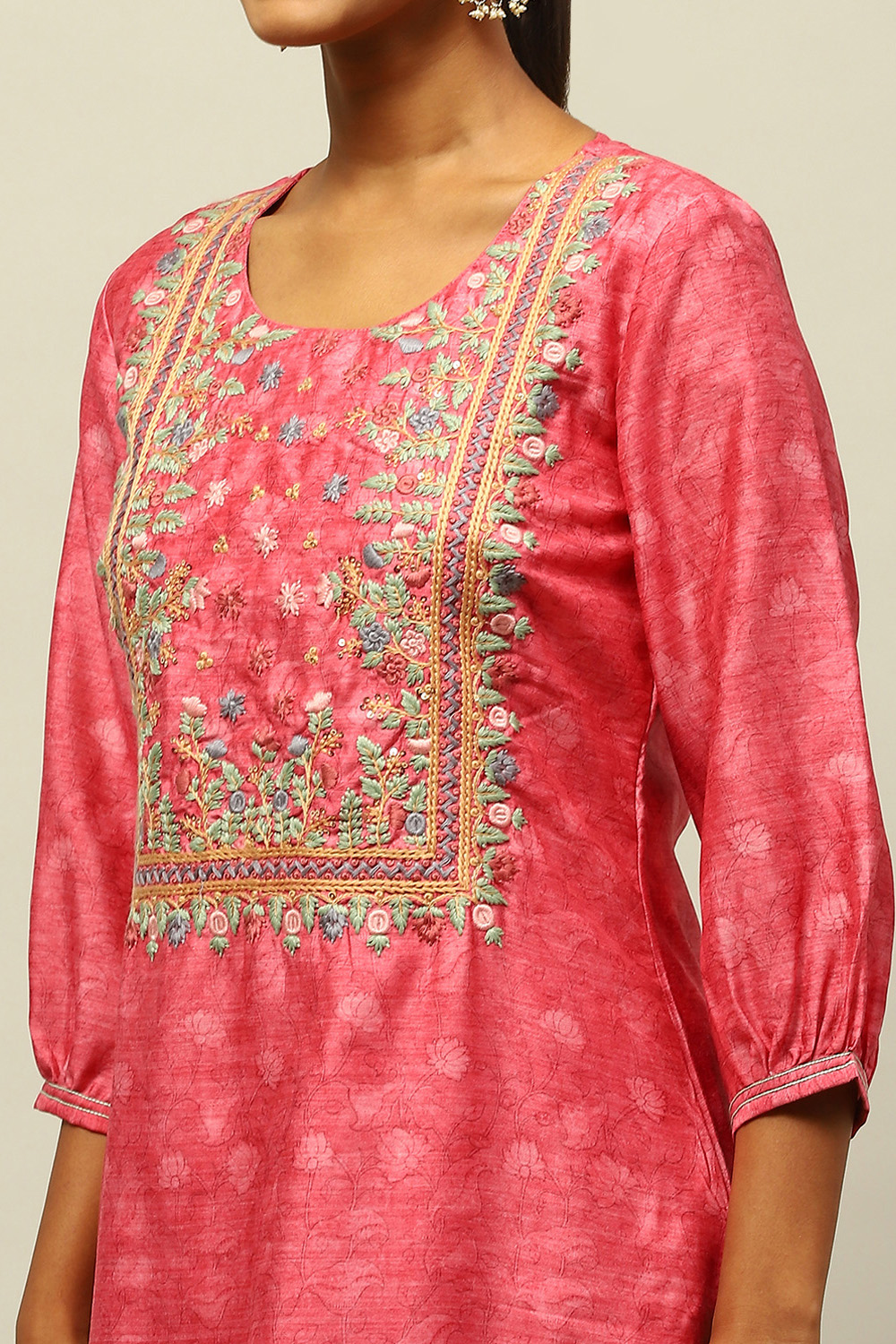 Pink Poly Chanderi Straight Printed Kurta Slim Pants Suit Set image number 1