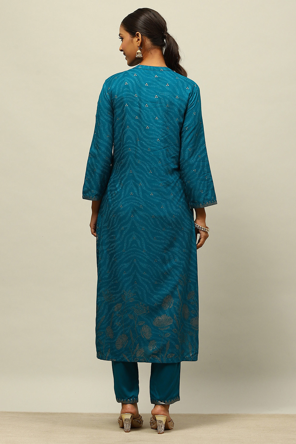 Teal Blue Rayon Straight Printed Kurta Salwar Pants Suit Set image number 4