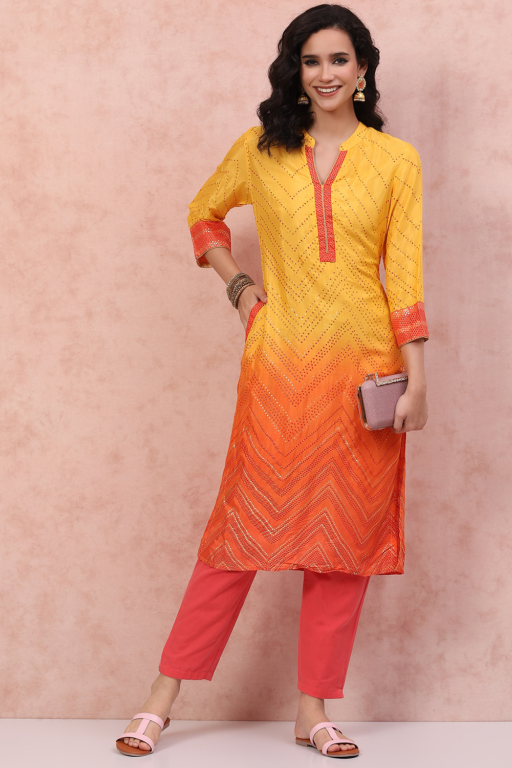 Mustard LIVA Straight Ombre Kurta image number 5