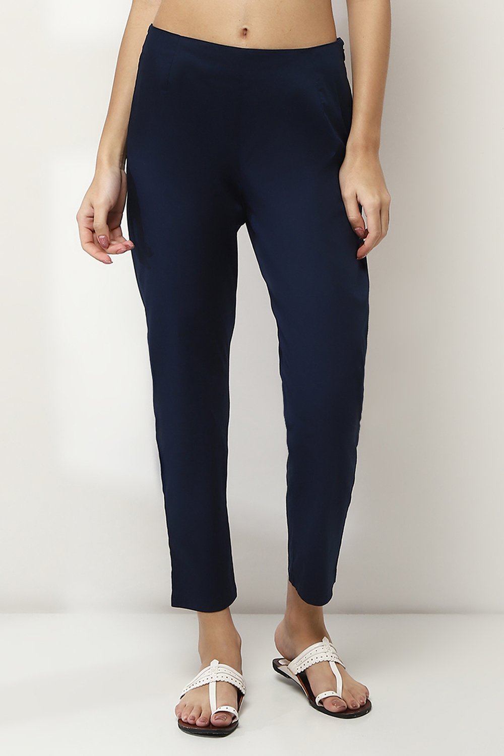 Navy Blue Cotton Solid Regular Pants image number 5