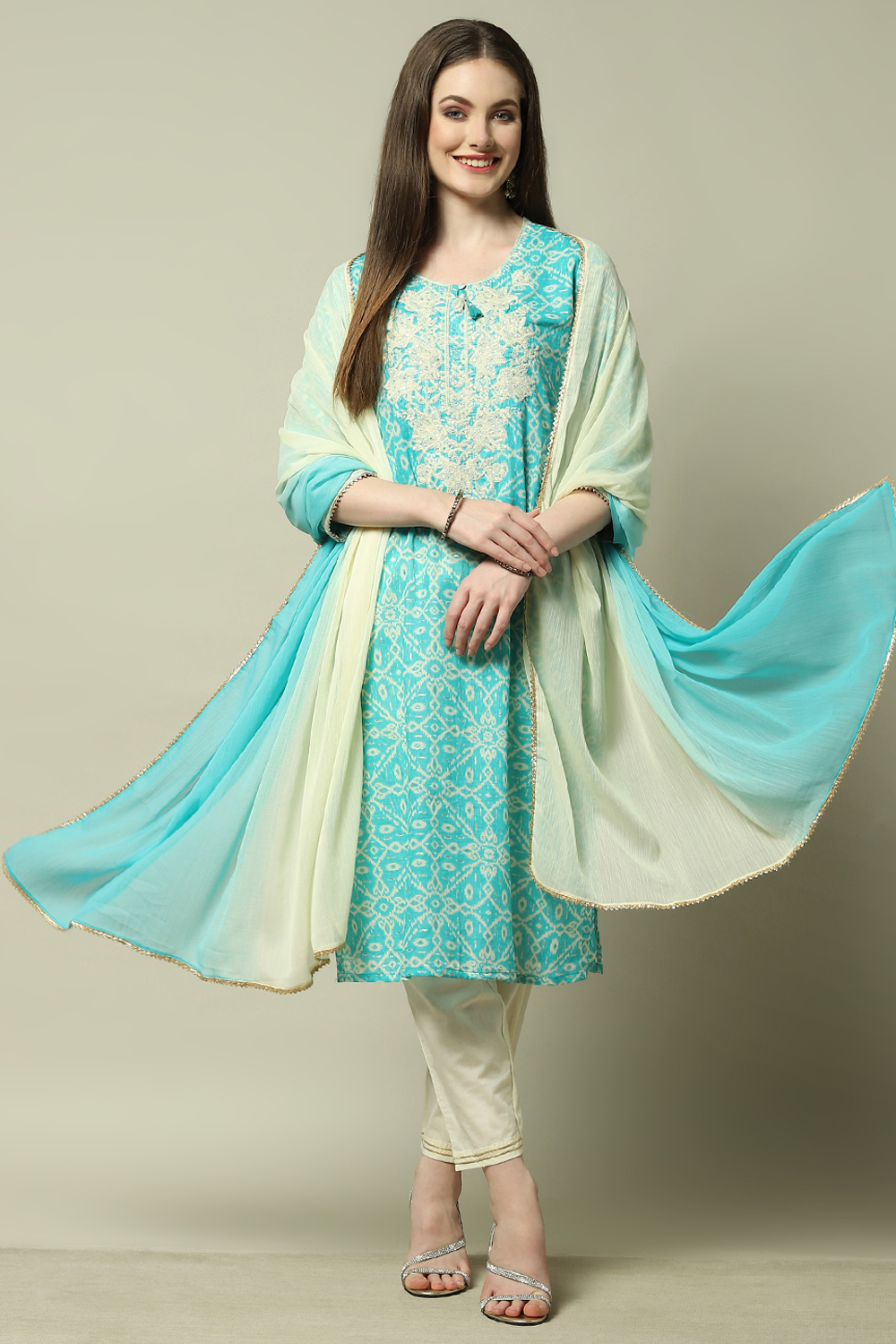 Turquoise Cotton Blend Printed Kurta & Pants Suit Set image number 0