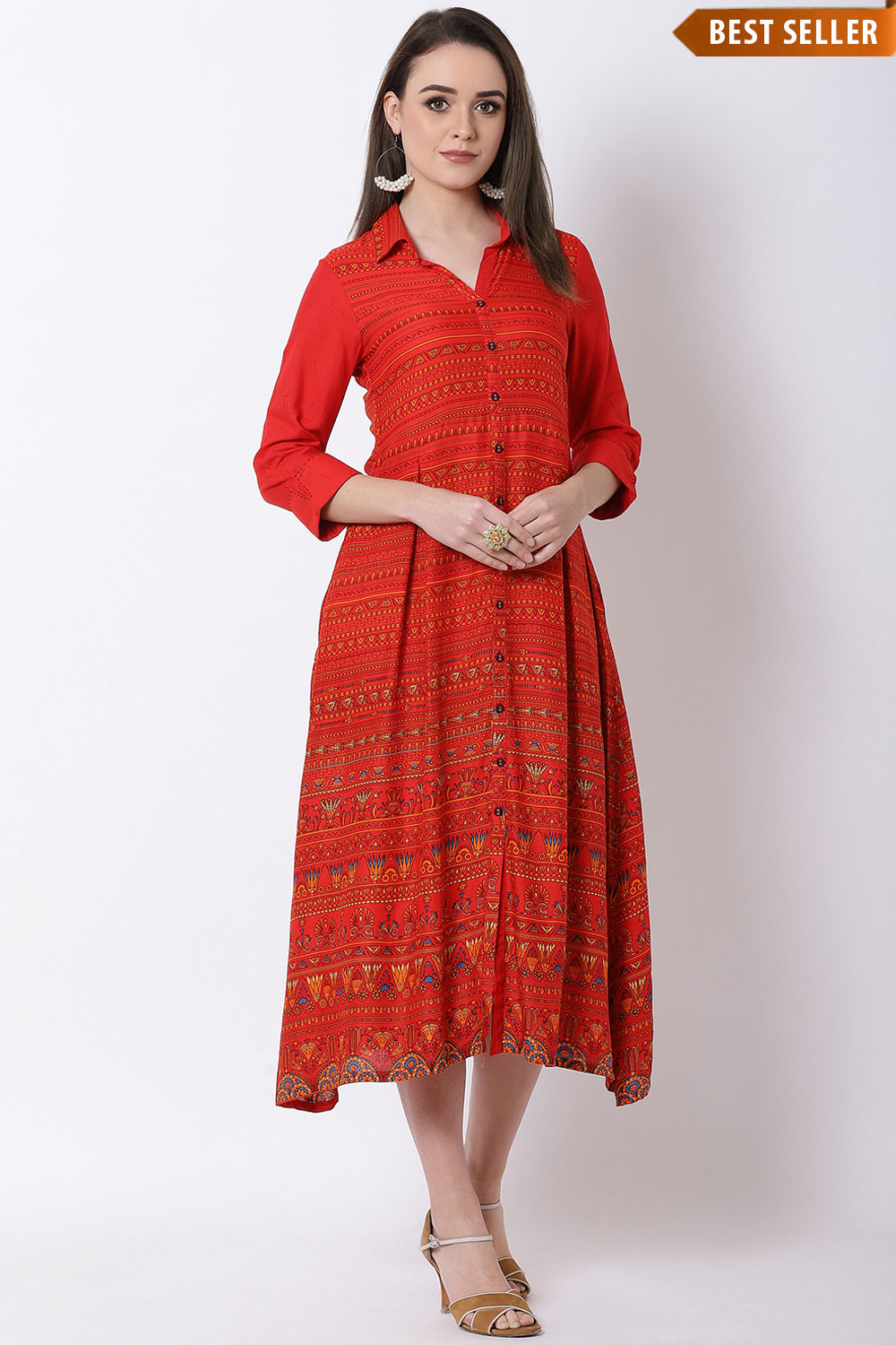 Red Viscose Rayon A Line Dress image number 0