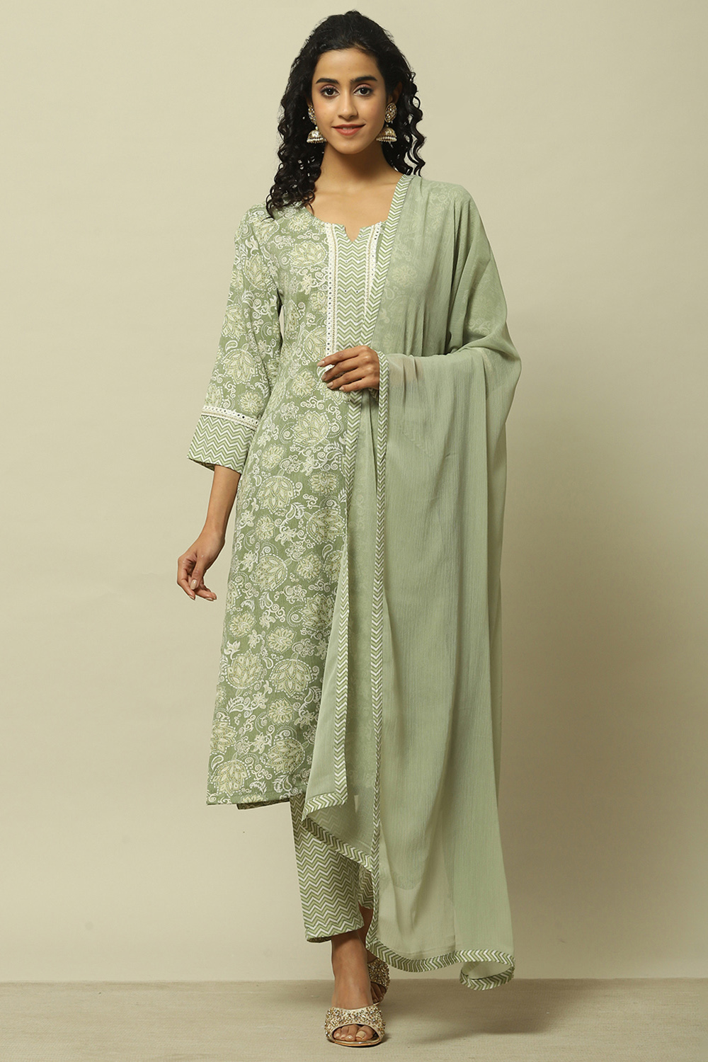 Sage Green Printed  Kurta & Pants Suit Set image number 0