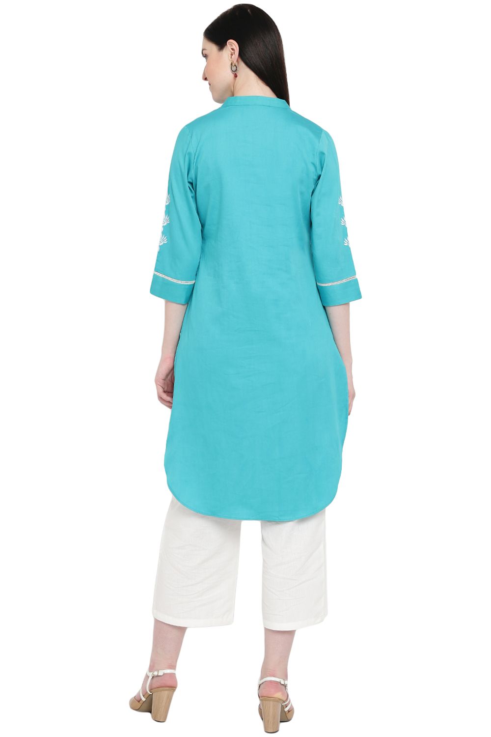 Turquoise Cotton Straight Kurta image number 4