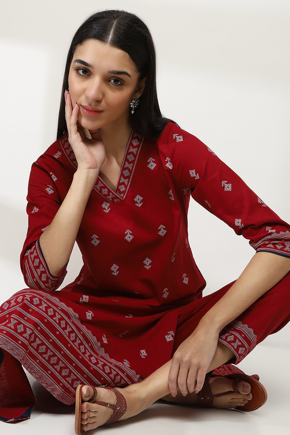 Maroon Cotton Printed Straight Kurta Set image number 0