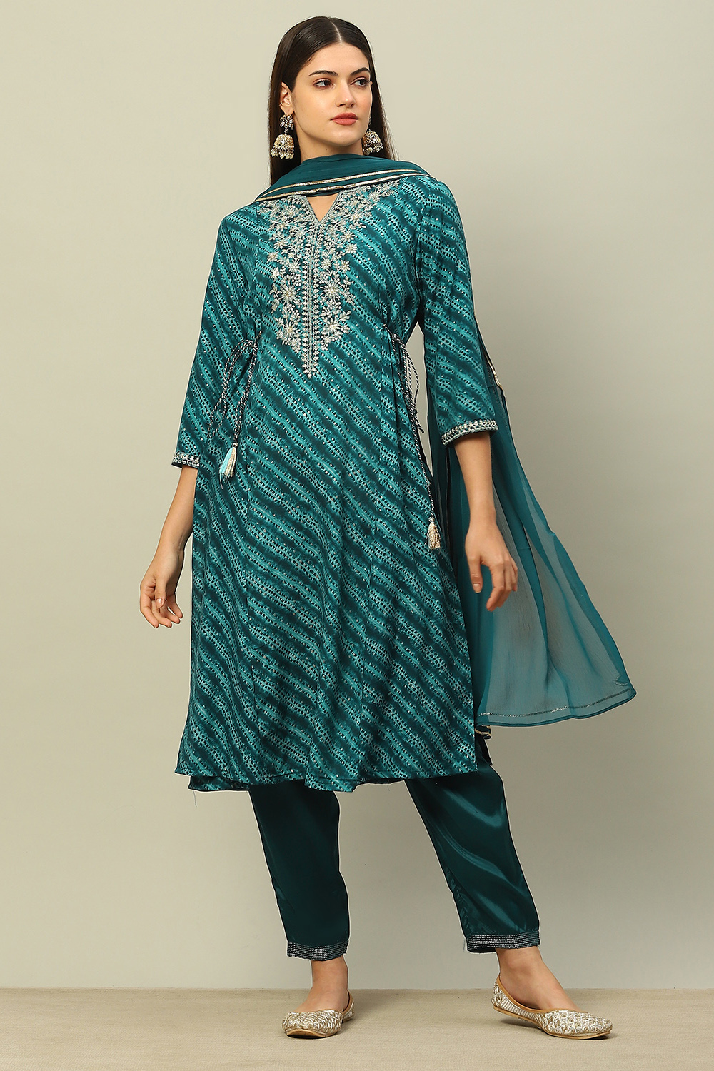 Teal Blue Viscose Muslin A-Line Printed Kurta Salwar Pants Suit Set image number 0