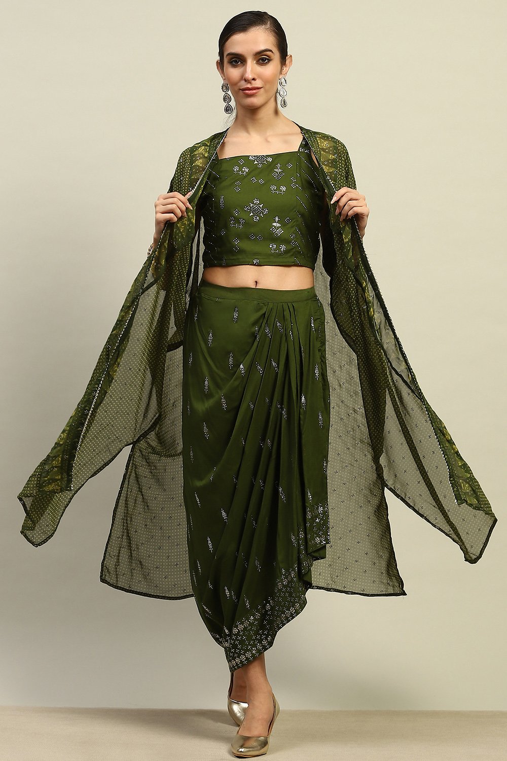 Green Rayon Straight Printed Crop Top Skirt Lehenga image number 0