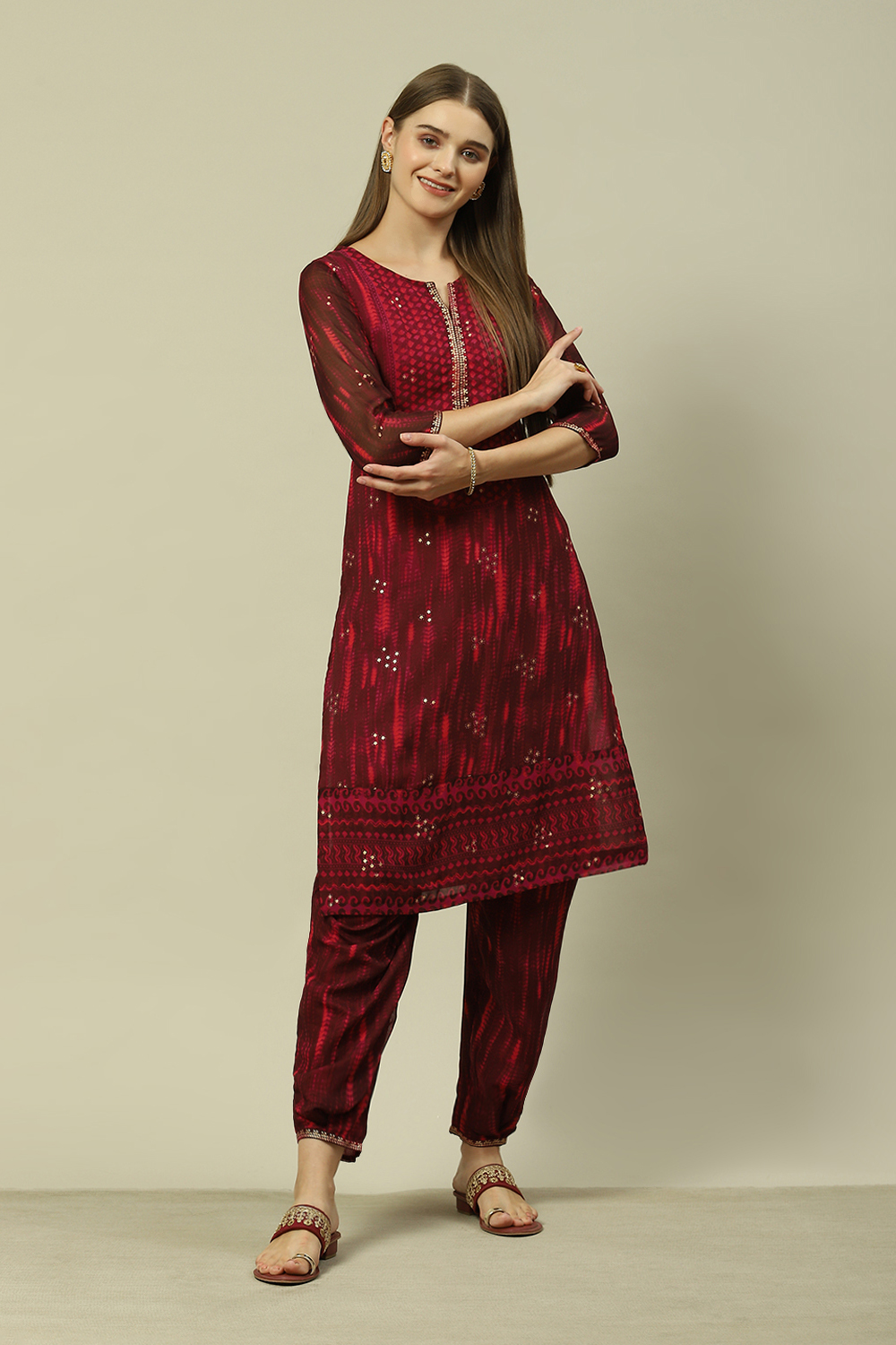 Wine Polyester Straight Printed Kurta Palazzo Suit Set image number 4