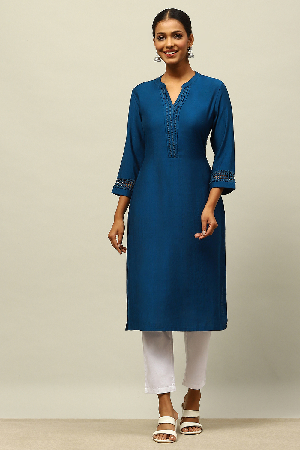 Blue Viscose Blend Straight Kurta image number 0