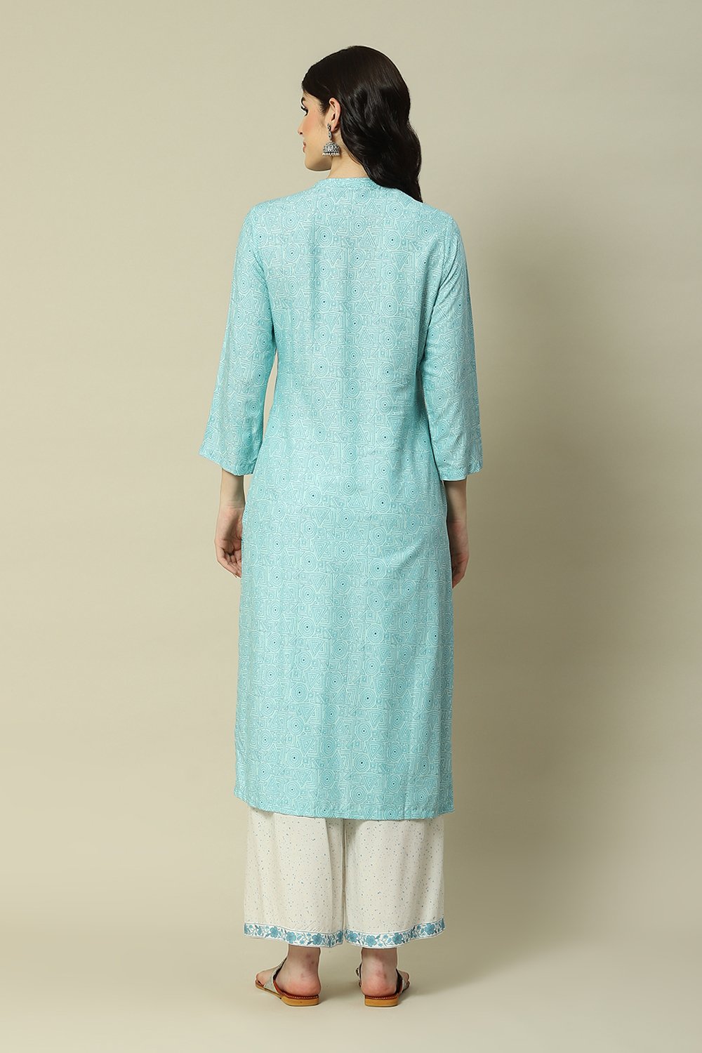 Sky Blue LIVA Straight Printed Kurta image number 4