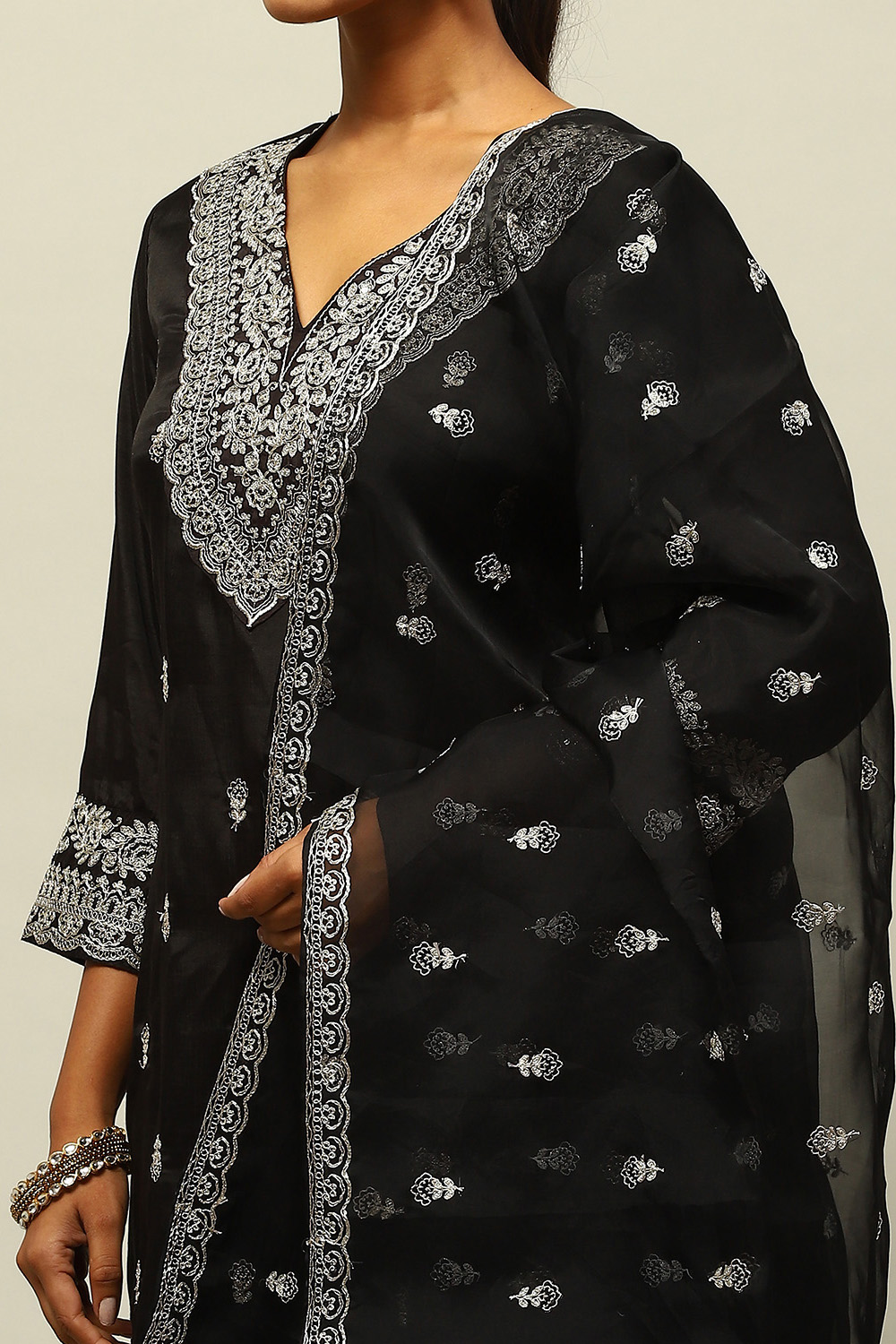 Black Viscose Shantoon Straight Embroidered Kurta Palazzo Suit Set image number 6