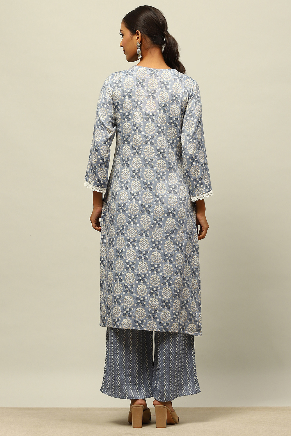 Grey Viscose Blend Straight Printed Kurta Palazzo Suit Set image number 4