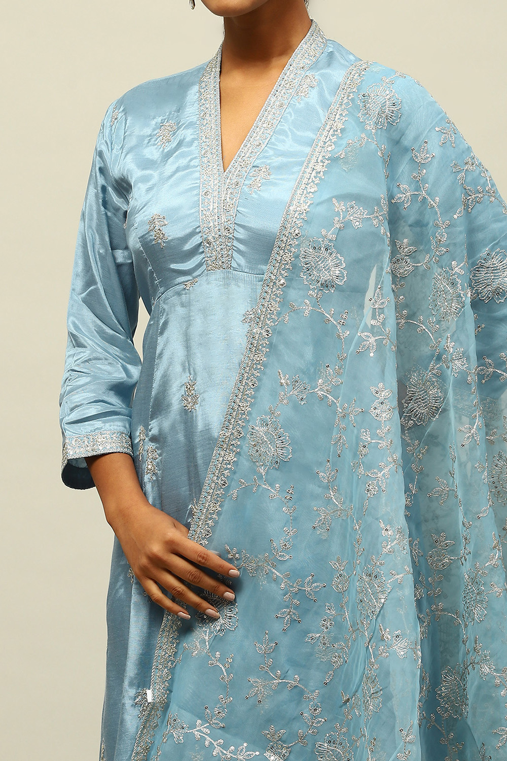 Dusty Blue Viscose Shantoon Kalidar Embroidered Kurta Palazzo Suit Set image number 6