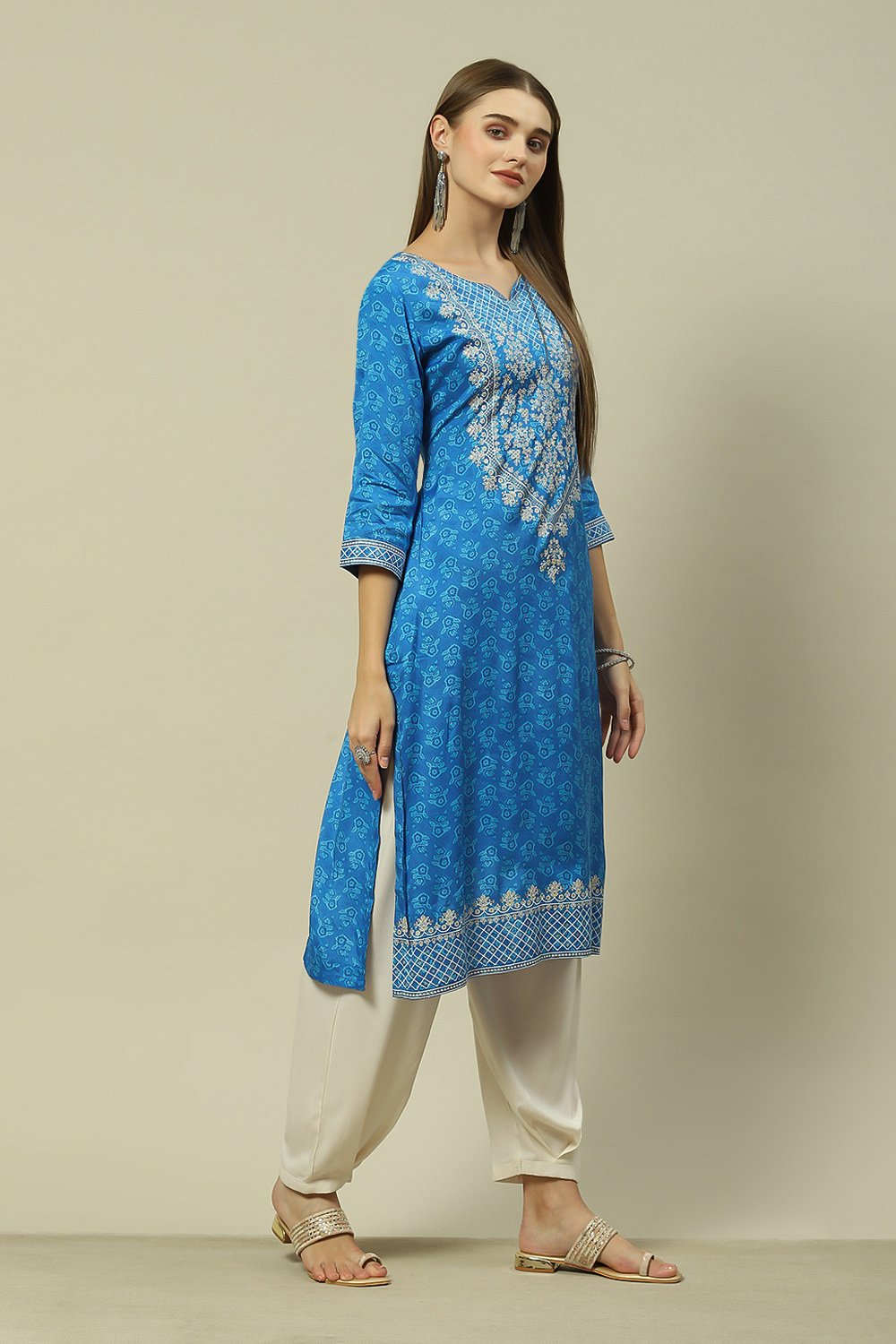 Blue LIVA Straight Printed Kurta image number 4